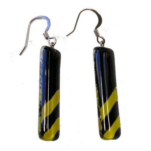 Rectangular Fused Glass Earrings - Black with Yellow Stripes(Chile)