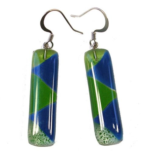 Rectangular Fused Glass Earrings - Green and Blue (Chile)