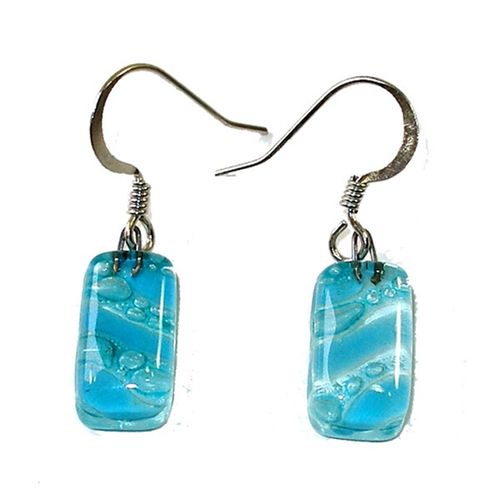 Small Rectangular Glass Earrings - Blue Bubbles and Stripes (Chile)