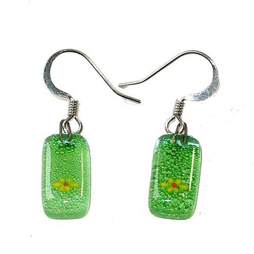 Small Rectangular Glass Earrings - Green with Flower (Chile)