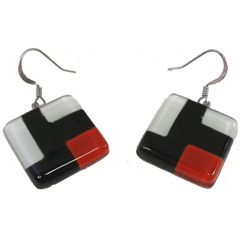 Square Fused Glass Earrings Red Black Cubist Design (Chile)