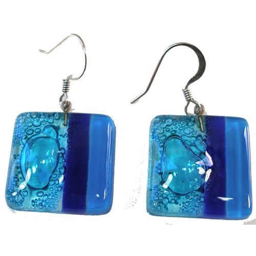Square Fused Glass Earrings - Blue Bubbles Design (Chile)