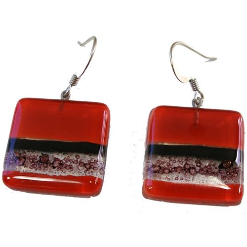 Square Fused Glass Earrings - Red and Bubbles Design (Chile)
