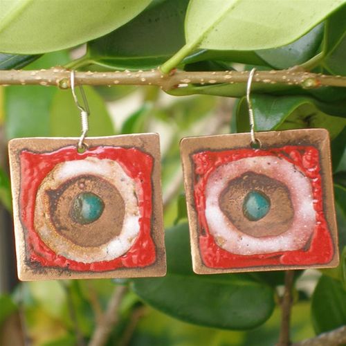 Square Copper Earrings with Enamel - Chile
