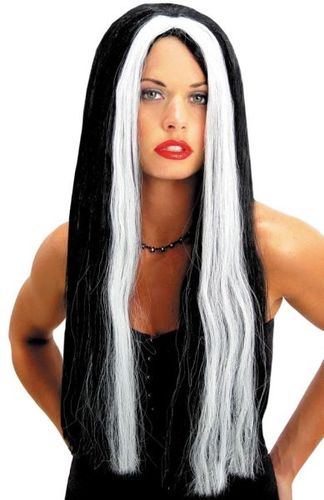 Wig 24 Inch Black w/White Streak