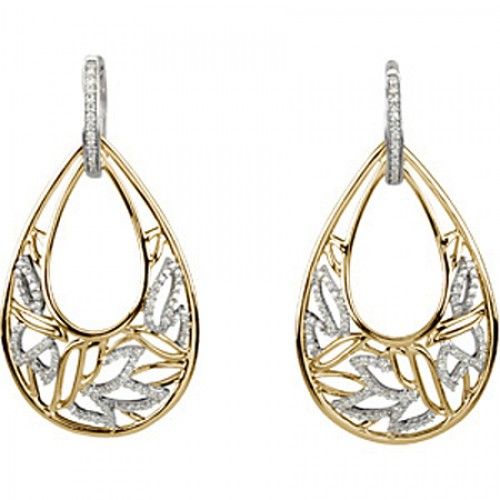 14k White & Yellow Gold Loop Leaf Design Diamond Dangle Earrings - 1/2cttw