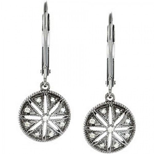 Sterling Silver Spoke Design Diamond Dangle Earrings - 1/10cttw