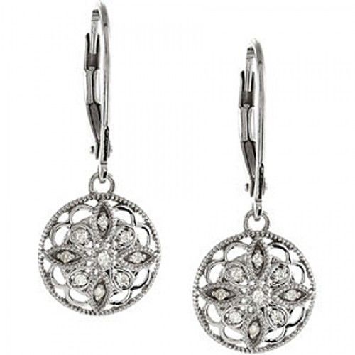 Sterling Silver Ornate Victorian Style Diamond Dangle Earrings - 1/10cttw