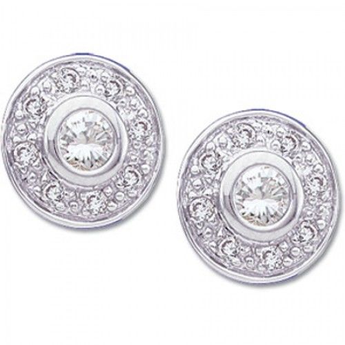 14k White Gold Ornate Disc Stud Earrings with Diamond