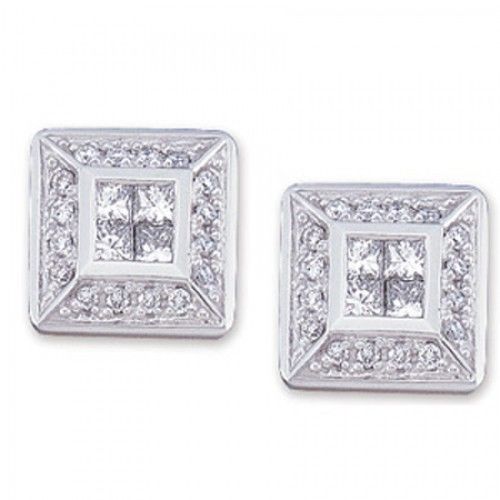 14k White Gold Square Shaped Stud Earrings with Diamond