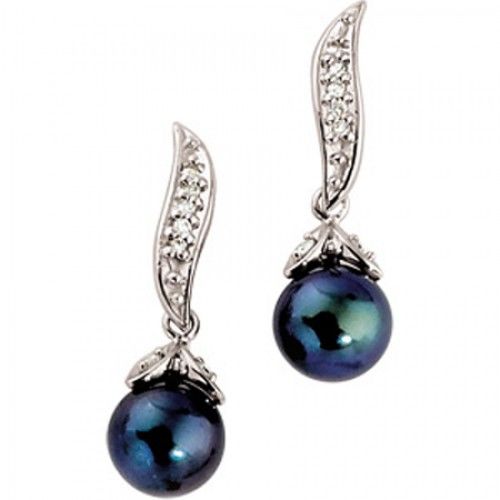 14k White Gold Freshwater Pearl Earrings - 7.0mm Black Pearls