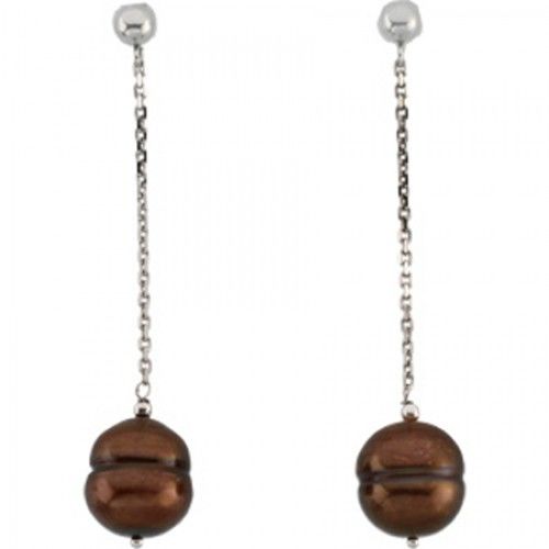 14k White Gold Freshwater Chocolate Dangling Pearl Earrings - 9mm