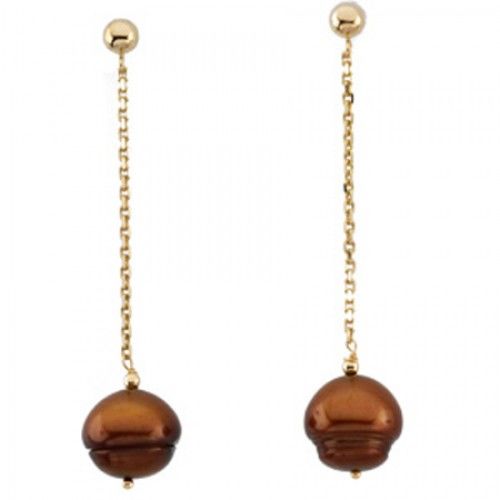 14k Yellow Gold Freshwater Chocolate Dangling Pearl Earrings - 9mm