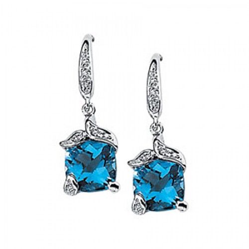 Blue Topaz Diamond Cushion Cut Dangle Earrings 2.06 Carats