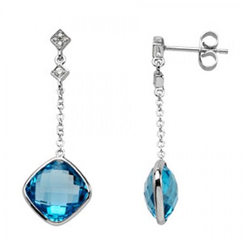 Blue Topaz Diamond Cushion Cut Drop Earrings 2.05 Carats