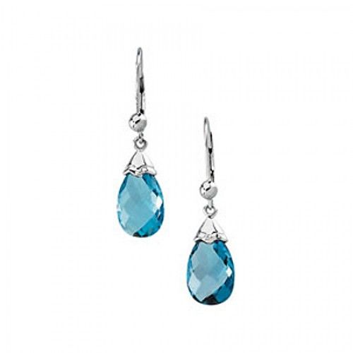 14k White Gold Blue Topaz Pear Shape Dangle Earrings 2 Carats