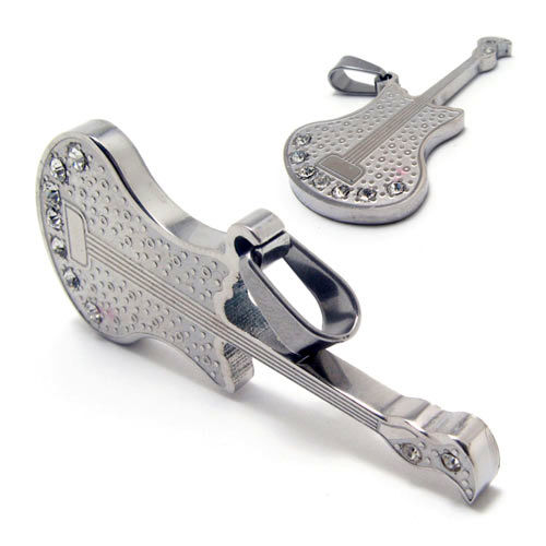 Men's Titanium Silver Diamond Necklace Guitar Pendant
