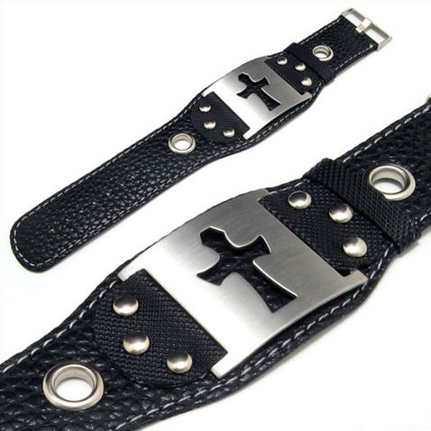 Titanium Imitation Leather Cross Steel Bracelet for Men