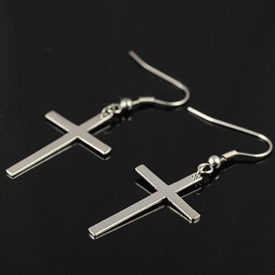 Simple Design Cross Shape Earring Titanium Silver for Men