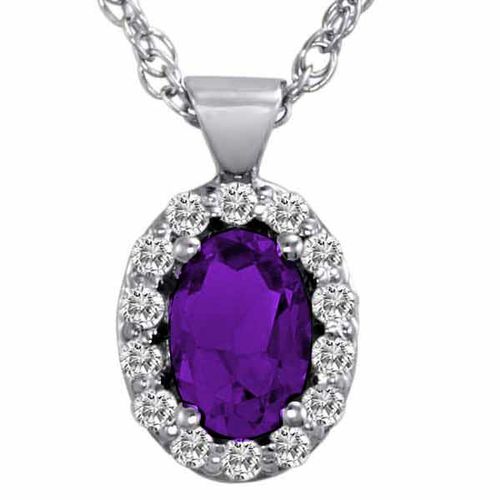 10K White Gold Oval Amethyst and Diamond Pendant w/18 Inch Solid White Gold Chain (3/4 cttw, F-G, VS)