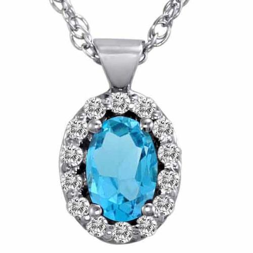 10K White Gold Oval Blue Topaz and Diamond Pendant w/18 Inch Solid White Gold Chain (3/4 cttw, F-G, VS)