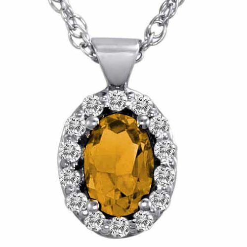 14K White Gold Oval Citrine and Diamond Pendant w/18 Inch Solid White Gold Chain (3/4 cttw, F-G, VS)