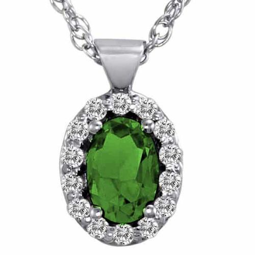 Sterling Silver Oval Emerald and Diamond Pendant w/18 InchSterling Silver Chain (3/4 cttw, F-G, VS)