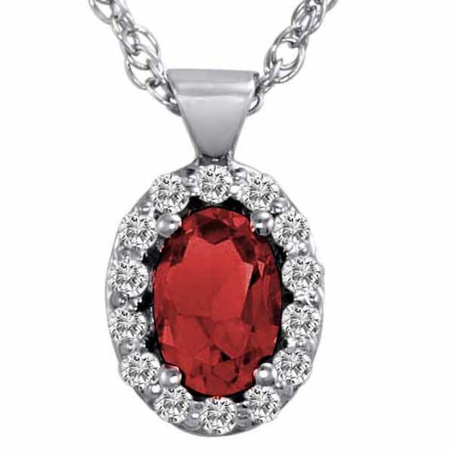 10K White Gold Oval Garnet and Diamond Pendant w/18 Inch Solid White Gold Chain (3/4 cttw, F-G, VS)