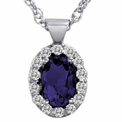 14K White Gold Oval Blue Sapphire and Diamond Pendant w/18 Inch Solid White Gold Chain (3/4 cttw, F-G, VS)