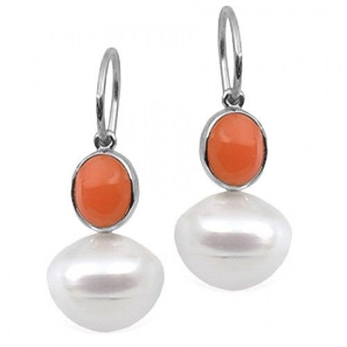 14k White Gold Coral Dangle Earrings W/ South Sea Cultured Pearl