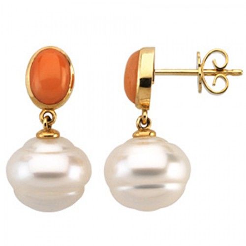 14k Yellow Gold Coral & South Sea Cultured Pearl Dangle Earrings