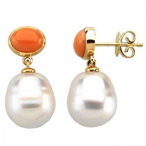 14k Yellow Gold Coral Dangle Earrings with South Sea Cultured Pearl