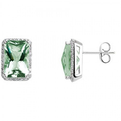 Green Quartz Stud Earrings - 14k White Gold New