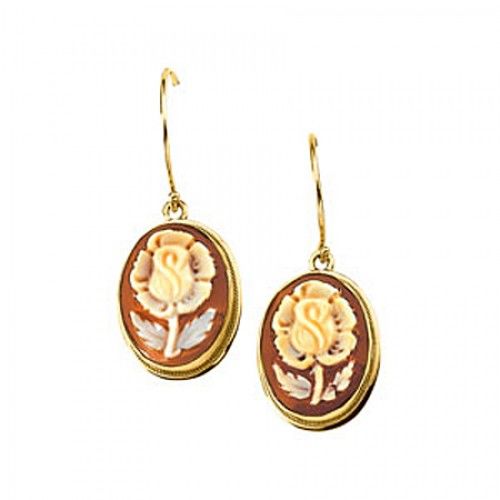 Flower Cameo Dangle Earrings - Yellow Gold - Oval Shape