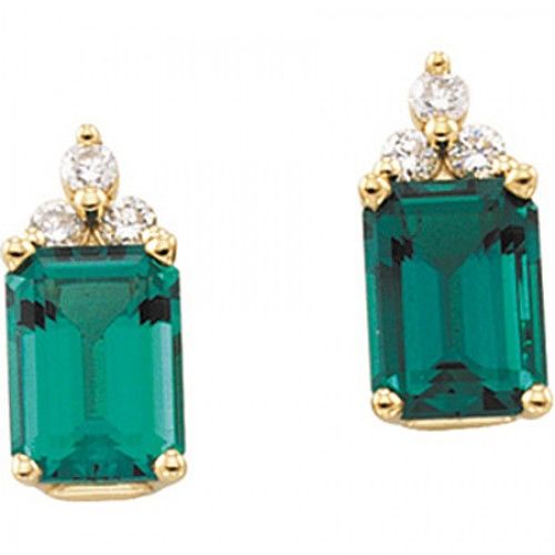 Created Emerald Stud Earrings - Yellow Gold New
