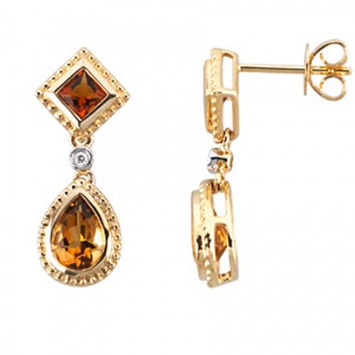 Citrine Dangle Earrings W/ Diamonds - 14k Yellow Gold