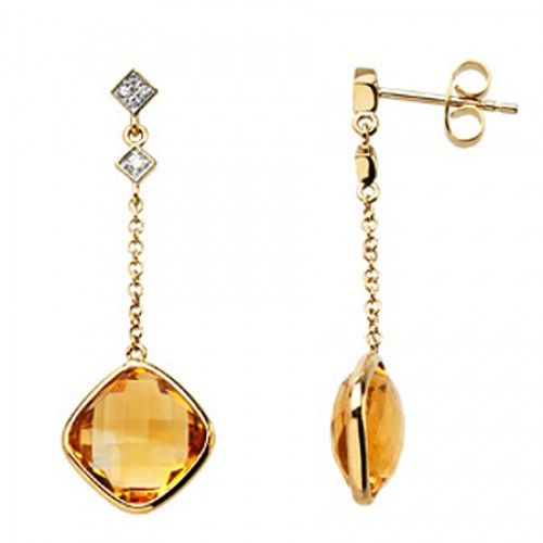 14k Yellow Gold Cushion Cut Citrine Drop Earrings
