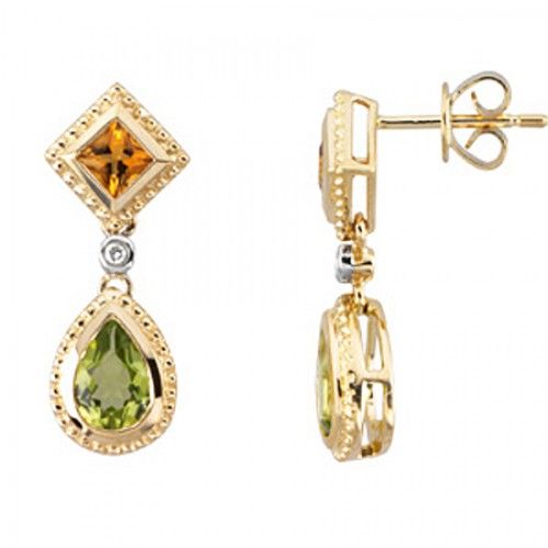 Dangle Earrings - 14k Yellow Gold - Citrine & Peridot