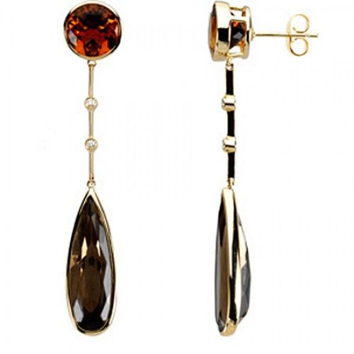 Smoky Quartz Drop Earrings - 14k Yellow Gold W/ Citrine