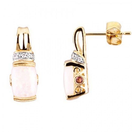 14k Yellow Gold Cabochon Opal Earrings W/ Diamonds & Pink Tourmaline