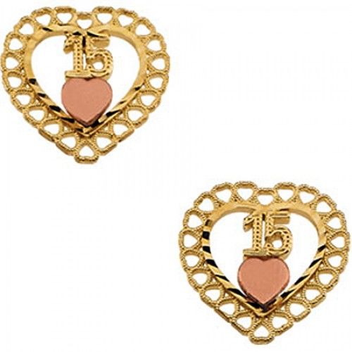15th Birthday Heart Earrings - 14k Yellow Gold
