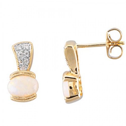 14k Yellow Gold Cabochon Opal Earrings with Diamonds