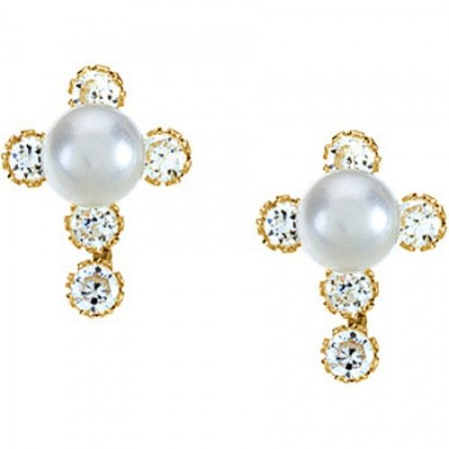 Children'S 14k Yellow Gold Rounded Pearl Drop Earrings