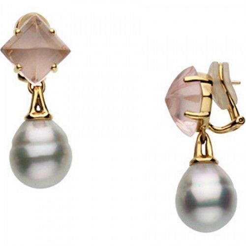 Pearl Earrings - 18k Yellow Gold W/ Rose Quartz