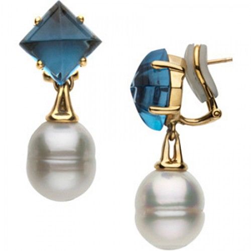 Pearl Earrings - 18k Yellow Gold W/ London Blue Topaz