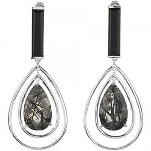 Onyx Dangle Earrings - White Gold and Sterling Silver