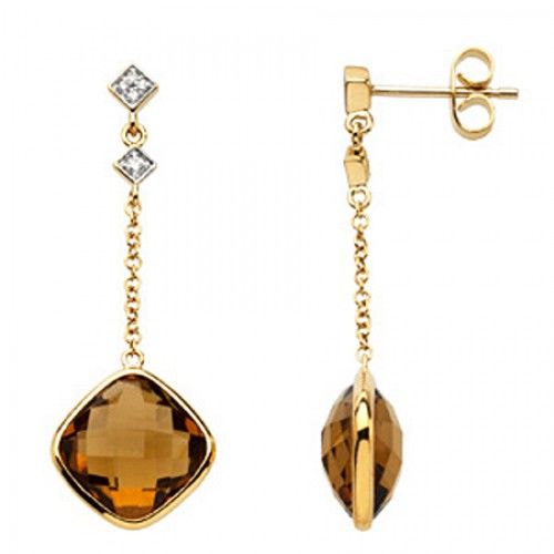 Cinnamon Quartz Drop Earrings Yellow Gold - Cushion Cut