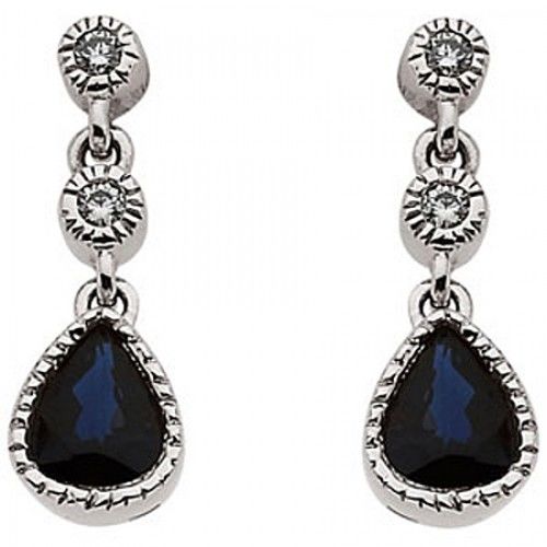 Sapphire W/ Diamond Dangle Earrings - 14k White Gold
