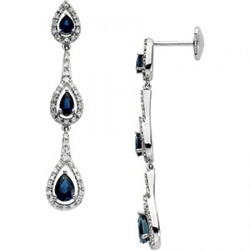 Blue Sapphire Drop Earrings - 14k White Gold W/ Diamond