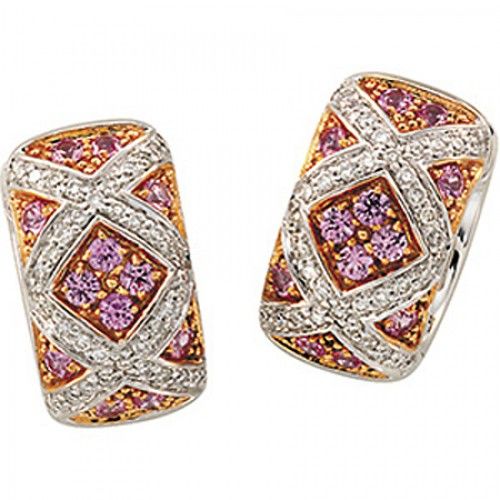 Pink Sapphire Hoop Earrings W/ Diamond - 14k White Gold